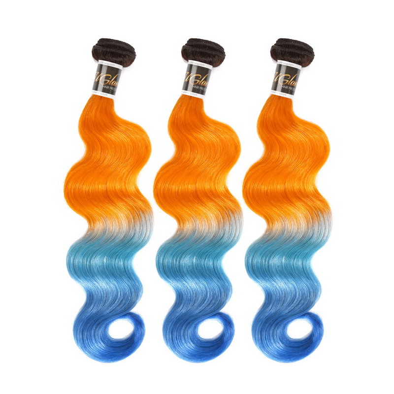 Uglam Ombre Bright Orange and Azure Blue Color Body Wave Bundles Deal